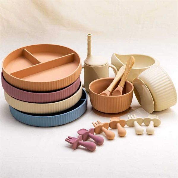 

wholesale baby weaning feeding solid food plate bowl set non-slip suction dishes drinking cup fork spoon children's tableware 220209