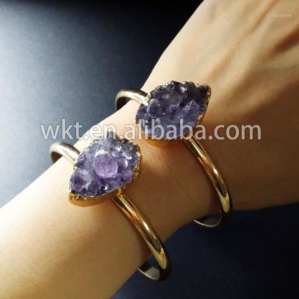 

wt-b173 exclusive natural crystal teardrop bangles, one single druzy raw crystal gold trim bangles1, Black