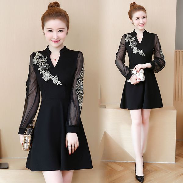 

embroidery party as plus size fat blouse with low-necked v sleeves ladies wear women dressed u6pc, Black;gray