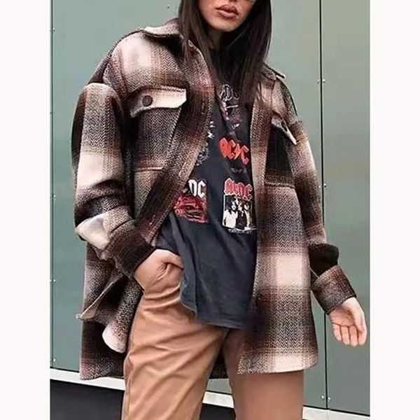 

vintage lattice long jacket coat plaid woolen shirt jack women spring shirt jacket oversized plus size women 2020 #t2q, Black;brown