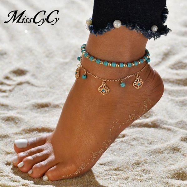 

anklets misscycy boho blue flowers anklet fashion double layer beads ankle bracelet for women beach accessories, Red;blue