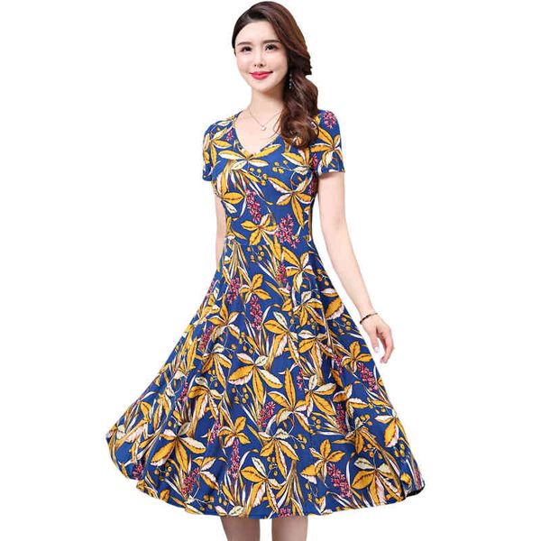 

l-5xl women vintage dress short sleeve o-neck summer vestidos womens elegant printing mid-calf casual dresses female, Black;gray