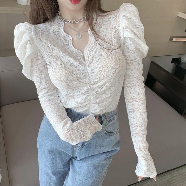 

blouses women hollow lace shirt bubble sleeves sell solid color long-sleeved outer v-neck slim female chiffon shirt, White