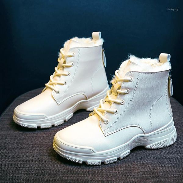 

women boots pu leather snow boots for women flats platform ankle 2020 fashion increase warm plush winter shoes1, Black