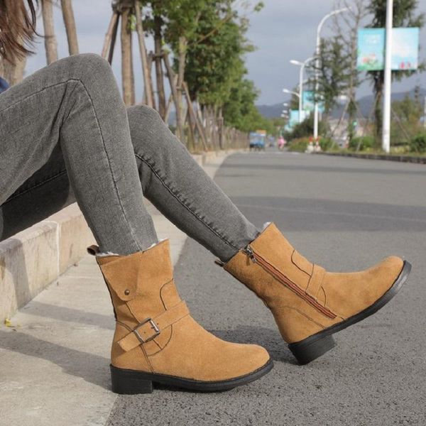 

women snow boots winter keep warm plush ladies cotton shoes low heels zipper buckle strap platform female martin boots, Black