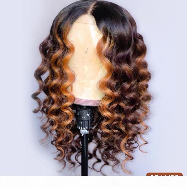 

highlight loose deep wave wig middle part remy human hair wigs honey blonde ombre lace front wig pre plucked, Black;brown