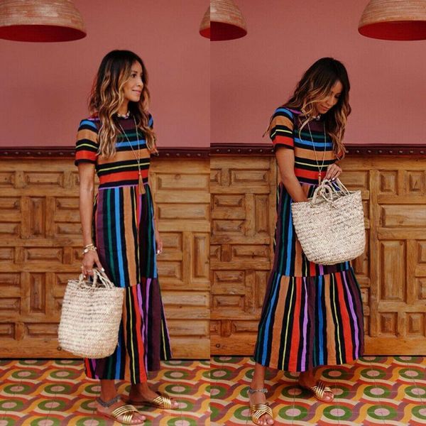 

summer holiday dress summer women stripe boho short sleeve long maxi dress 2021 new ladies casual beach sundress, Black;gray