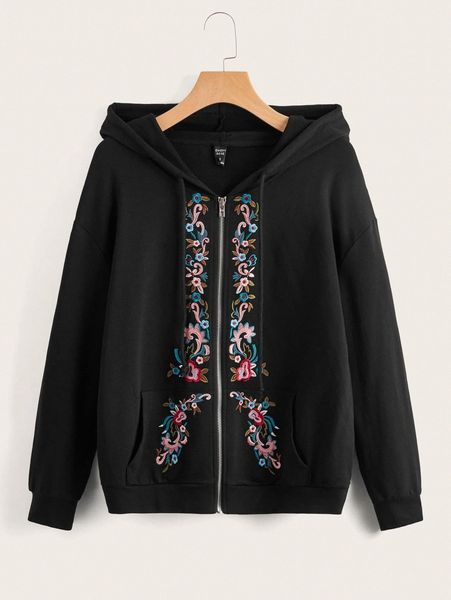 

emery rose floral embroidered zipper front drawstring hoodie s5dy#, White;black