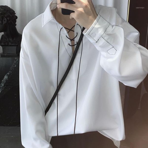 

design sense blouse women clothes korean style ascetic ssystem drawstring stitching v-neck male pullover, White;black