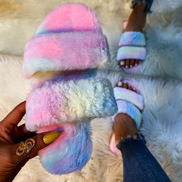 

women fur slippers winter woman warm plush flats women's indoor rainbow shoes female comfort slides laides casual soft footwear, Black
