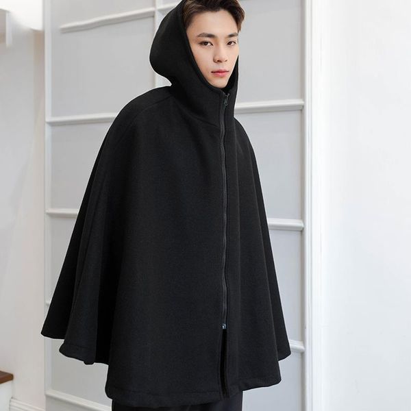 

woolen cape coat men's bat sleeve autumn winter hooded jacket men's hoodie coat wool cape cloak plus size m-4xl1, Black