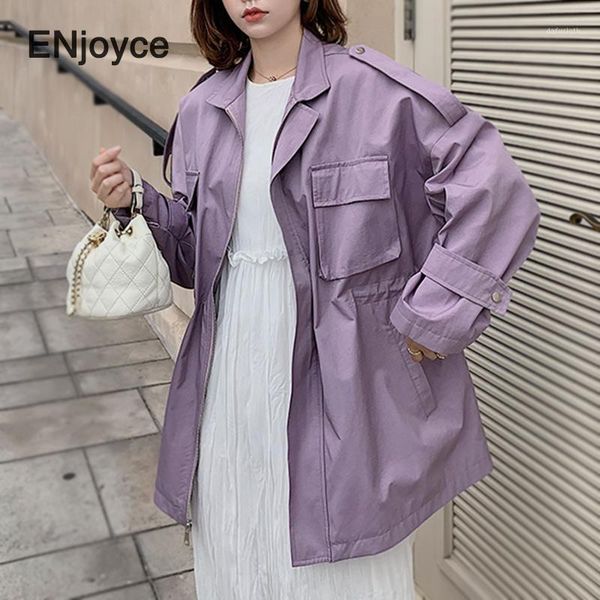 

enjoyce 2020 new plus size women's spring autumn long trench coat casual long sleeve windbreaker outerwear solid purple 1, Tan;black