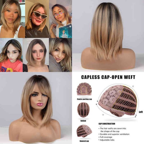 

hair synthetic wigs cosplay easihair dark brown root ombre golden synthetic wig natural hair for women female layered with said bangs heat r, Black