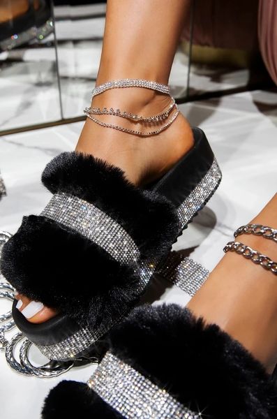 

designer women fur rhinestone slippers platform wedges heel solid fluffy furry slides outside shoes ladies, Black