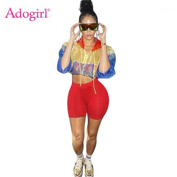 

adogirl contrast color women tracksuit front zipper sheer long sleeve hooded jacket crop + shorts casual 2 piece set outfits1, White