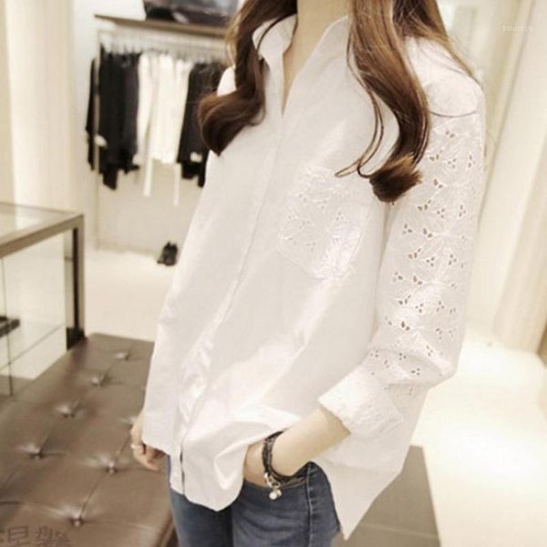 

women and blouses 2020 feminine blouse lace long sleeve shirts casual turn-down collar women loose business blouses #7.241, White