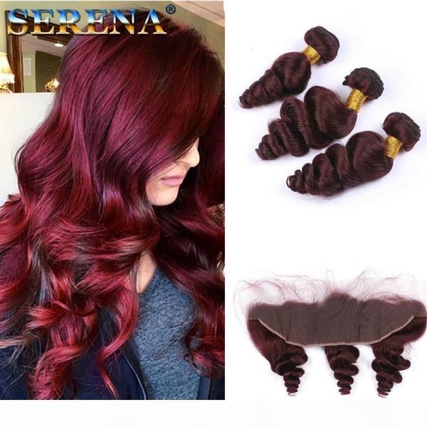 

wine red burgundy brazilian hair bundles with 13x4 frontal lace closure #99j loose wave wavy human hair weaves with ear to ear lace frontal, Black;brown