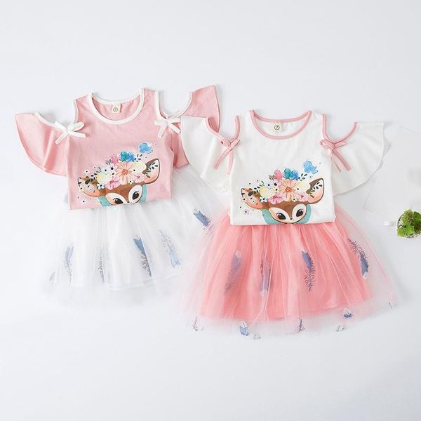 

children's short sleeve skirt two piece girls cartoon cat strapless shoulder t-shirt mesh skirts girls knee-length clothings w, White