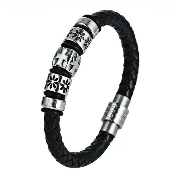 

titanium steel magnetic clasp cross leather bracelet braided rope stainless steel flower brackets men's retro religious jewelry, Golden;silver