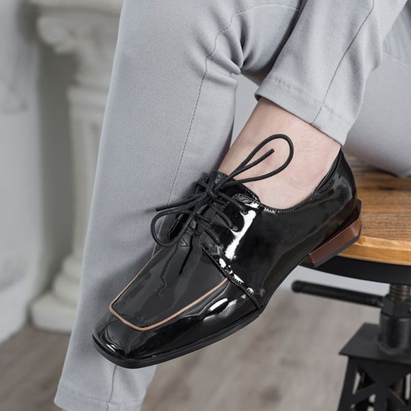 

2020 leather style genuine preppy-style square toe british school heels beautiful lace up to moccasin bombs female fashion 6j0o, Black