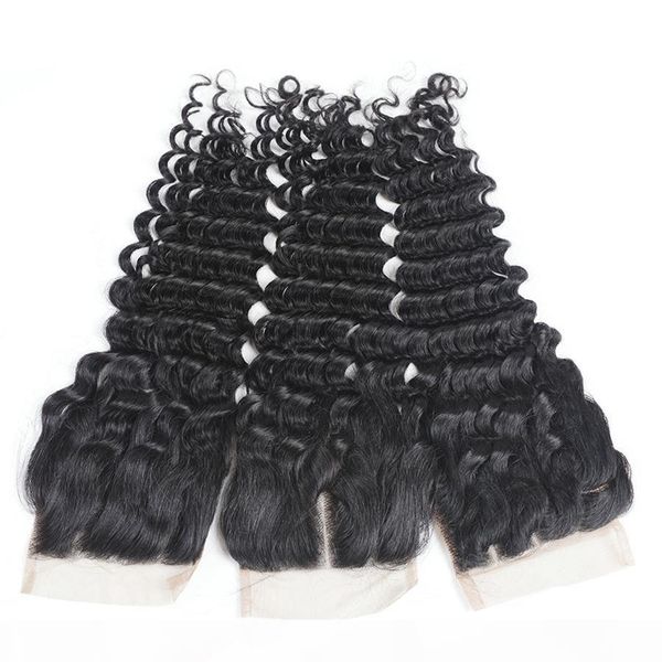 

malaysian virgin human hair queen hair deep wave natural black 4*4 lace closure middlethree parts from 6-22 inches, Black;brown