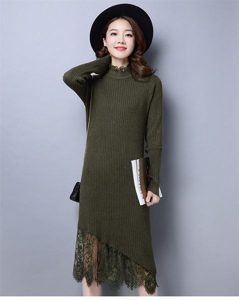 

2021 new autumn winter fashion knitted long nightgown lace dress casual women's clothes wxf656 ce55, Black;gray