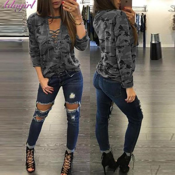 

women fashion clothes camouflage t-shirts summer bandage v neck hollow out t-shirt lady office wear tee shirt female1, White
