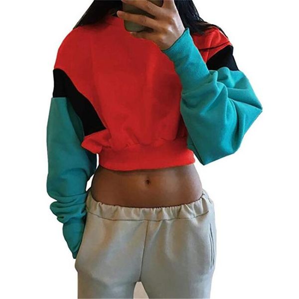 

new fashion women spring autumn hoodies pinkycolor orange candy color long sleeve loose crop sweatshirt casual patchwork cloth, Black