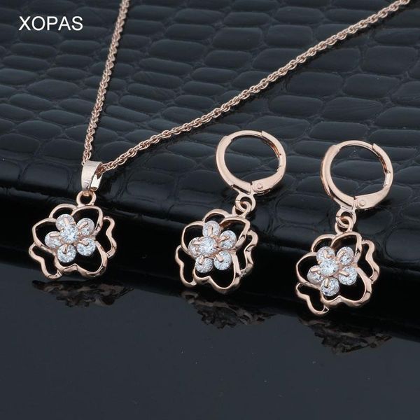 

xopas 585 rose gold-color white cubic zirconia hollow flower women's necklace pendant earrings jewelry set gift, Silver