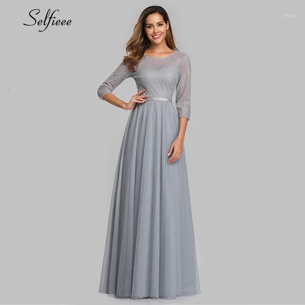 

grey maxi dress women a-line o-neck 3/4 sleeve lace illusion formal party dress elegant long summer robe femme 20191, Black;gray