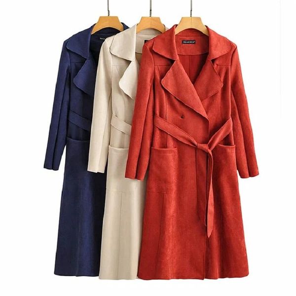 

autumn winter women's fashion elegant velvet suede high waist long trench coats womans clothes windbreaker office lady trench, Tan;black