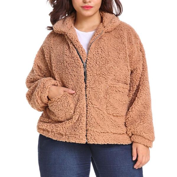 

women's fur & faux coat women nice autumn winter warm soft zipper jacket female plush overcoat pocket casual outwear 8m2, Black