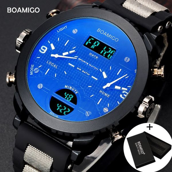 

men boamigo brand 3 time zone military sports watches male led digital quartz wristwatches gift box relogio masculino, Silver