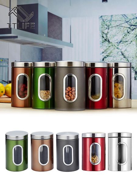 

1pc stoarge jar with seal cover preservation container stainless steel kitchen storage box for rice beans