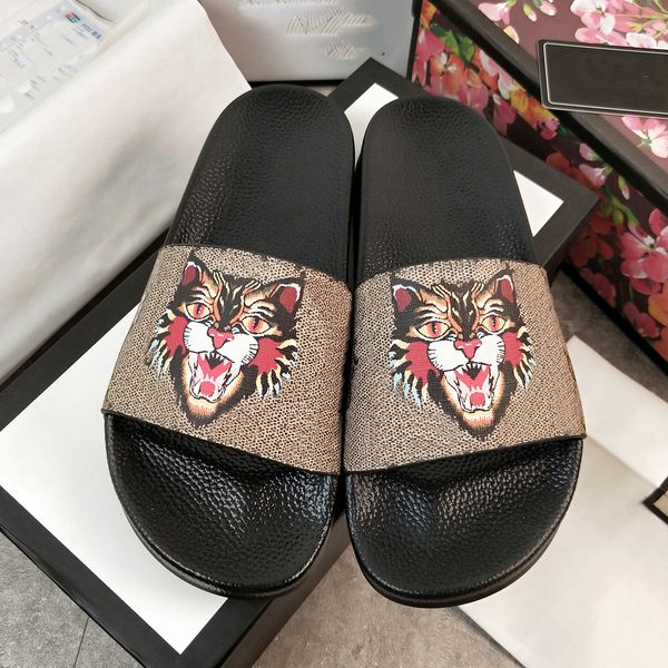 

2022 designer slippers men women slides print slide leather rubber sandal with correct flower box dust bag card shoes snake summer flat slip, Black