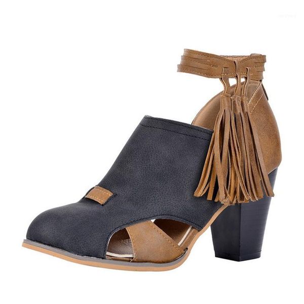 

woman retro pumps women's tassel ankle wrap hollow out women square heels solid female round toe casual footwear plus size1, Black