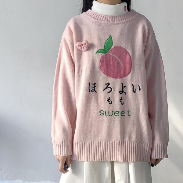 

kawaii embroidery pink knitted women sweater pullover japanese cute loose round neck teen girl jumper winter sweet femme pull, White;black