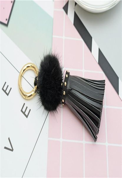 

real mink fur ball key chain with pu leather tassels for women bag key ring holder jewelry pendant neh812 h qyllhg