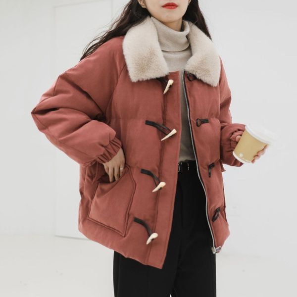 

small cow horn button red down cotton jacket for female, Black