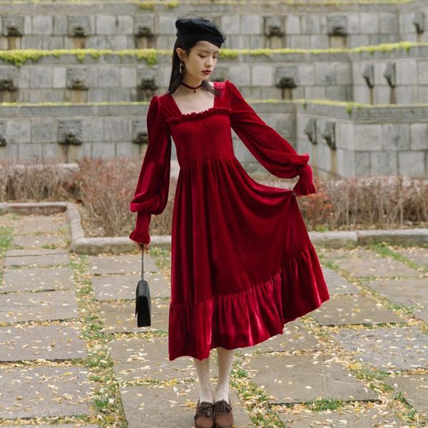 

autumn winter women dress vintage lantern sleeve ruffles golden velvet vestidos de fiesta retro female bing 2020 hot, Black;gray