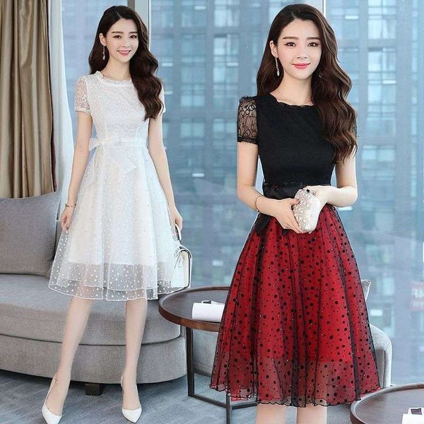 

fashion 2020 summer new mid length a-line skirt korean waist chiffon lace dress, Black;gray