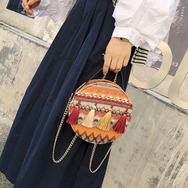 

ethnic style retro round beach bag ins women handbag casual small circle chain crossbody bag trend wild tassel shoulder