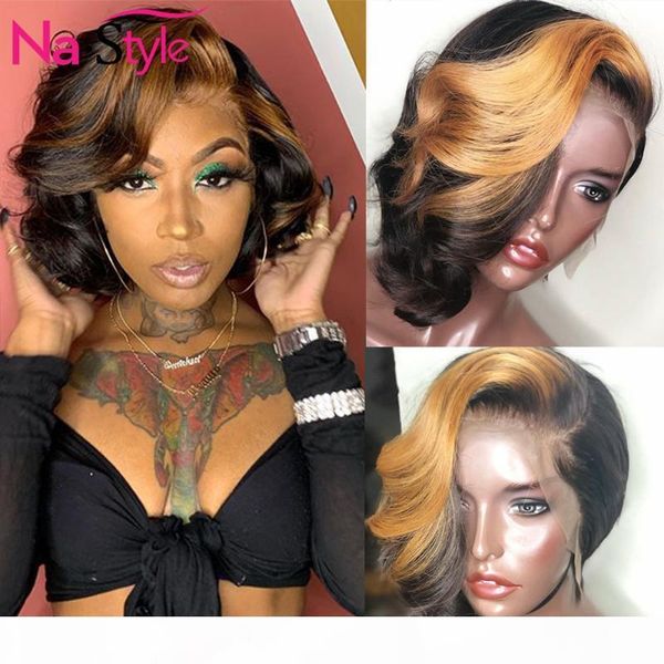 

ombre парик человеческих волос для чернокожих женщин 13x4 honey blonde фронта шнурка париков pre щипковых short pixie cut body wave парик 13, Black;brown