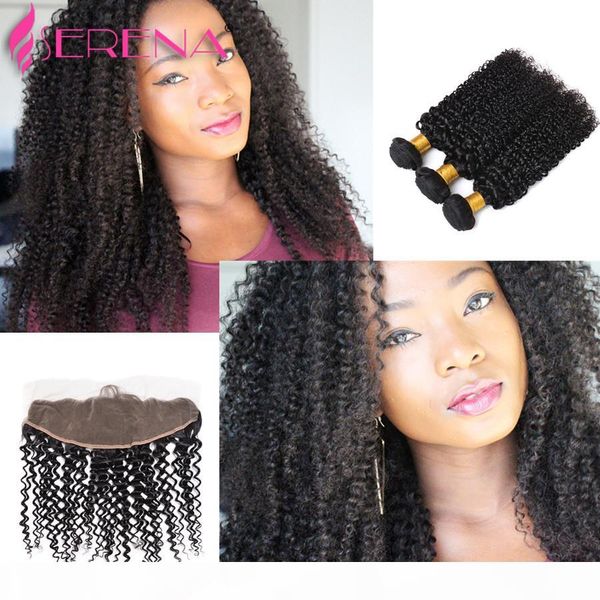 

7a virgin indian deep curly hair with frontal closure 4 bundles ear to ear lace frontal with baby hair and bundles kinky curly, Black;brown