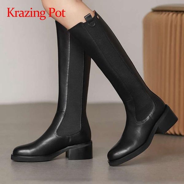

boots krazing pot split leather round toe high heel stretch winter keep warm beauty lady streetwear basic knee-high l85, Black