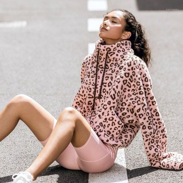 

running jackets autumn winter cashmere fabric women leopard print jacket long sleeve zipper loose training coat workout clothes1, Black;red