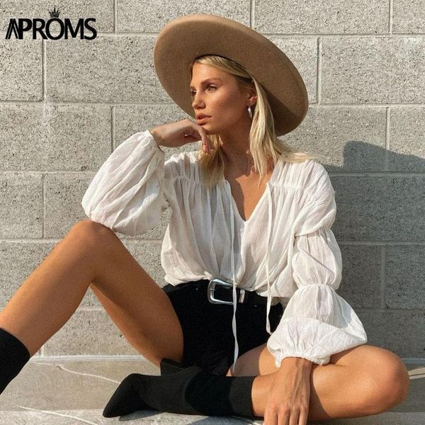 

aproms elegant white v-neck ruched loose blouse female casual long sleeve bow tie shirt fashion cotton blend for women 20211