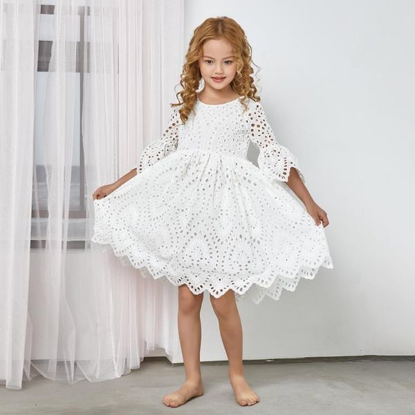 

girl's dresses 2021 fashion spring lace dress flare sleeve flowers hallowing out kids sweet clothing waves heming outfit, Red;yellow