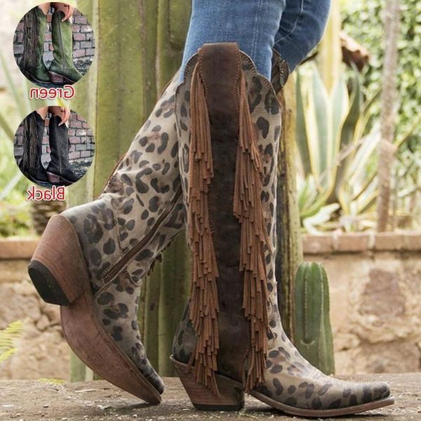 

женщины новые кожаные сапоги vintage кисточкой leopard boots езда tall осень зима теплая заостренный toe дамы ковбой, Black