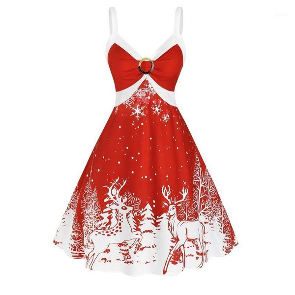 

snowflake vestidos christmas v-neck plus size party dress women vintage print sukienka sleeveless a-line jurken lady robe1, Black;gray